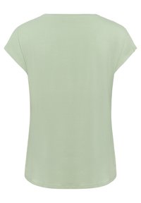 T-shirt vert clair à manches courtes en matière douce, doté d'un col rond et d'une coupe décontractée avec une texture lisse.
