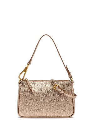 Borsa a tracolla in pelle testurizzata color oro rosa metallizzato, con chiusura a zip, tracolla regolabile e dettagli in metallo dorato.