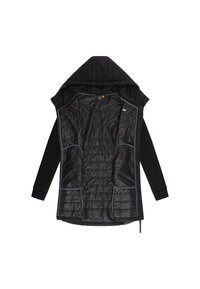 Juoda pūkinė striukė su gaubtu, su siuvinėta vidine pamušalu, dviem priekinėmis kišenėmis ir kontrasto apvadais kraštuose.