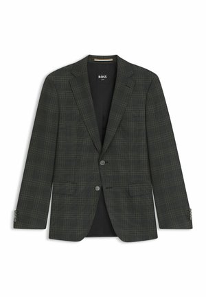 Dunkelgrüner Karoblazer mit strukturierter Silhouette, Reverskragen, zwei Knöpfen und Vierknopfmanschetten. Verfügt über zwei vordere Taschen und eine einzelne Brusttasche.