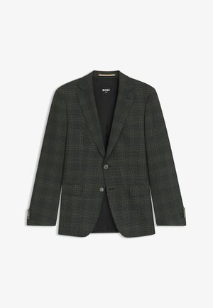 Donkergroen geruit blazer met een gestructureerde silhouet, notch revers, twee knopen en manchetten met vier knopen. Bevat twee voorzakken en een enkele borstzak.