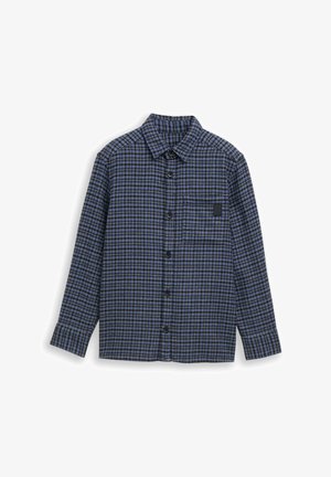 Camicia a quadri blu e nera realizzata in tessuto intrecciato, dotata di abbottonatura frontale, maniche lunghe e tasca sul petto.