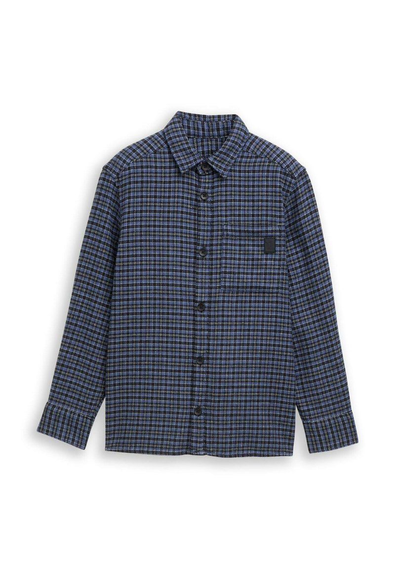 Blauwe en zwarte geruite shirt gemaakt van geweven stof, met een knoopsluiting aan de voorkant, lange mouwen en een borstzak.