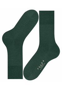 Calze in cotone verde scuro con una texture liscia, polsini a coste e zone con rinforzo sul tallone e sulle dita. Presenta il logo del marchio stampato sul fondo.