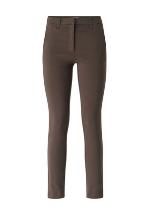 Brown slim-fit trousers with a flat front, belt loops, and a smooth fabric texture. No visible pockets or additional embellishments.