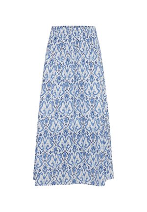 Bela krilo z modrim zapletenim paisley vzorcem, zgrinjena elastična linija in dolžina do kolen. Lahka tkanina.