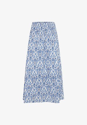 Bela krilo z modrim zapletenim paisley vzorcem, zgrinjena elastična linija in dolžina do kolen. Lahka tkanina.
