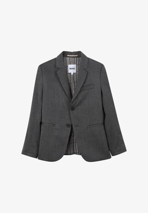 Blazer grigio realizzato in tessuto strutturato, con due bottoni, rever a punta e fodera interna a motivo con una tasca sul petto.