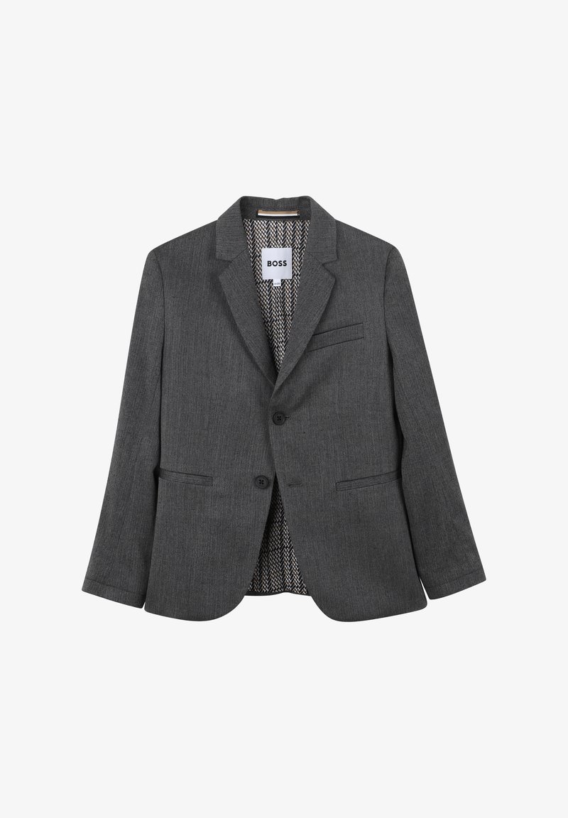 Blazer grigio realizzato in tessuto strutturato, con due bottoni, rever a punta e fodera interna a motivo con una tasca sul petto.