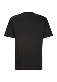 T-shirt nera in cotone con maniche corte, scollatura a girocollo e design sul retro semplice. Nessun motivo o grafica presente sul tessuto.