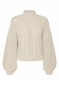 Sweter w kolorze kremowym, pleciony w warkocze, z wysokim kołnierzem, opadającymi ramionami i szerokimi rękawami. Teksturowany wzór z prążkowanym dołem i mankietami.