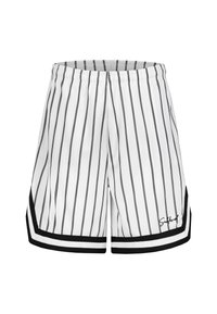 White shorts with vertical black stripes, elastic waistband, black trim at hems, and small black logo on the lower left side.