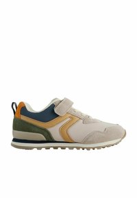 Sportsko med en beige syntetisk overdel, brune og grønne detaljer, en velcrorem og teksturerede ruskindspaneler. Gummisål med godt greb.