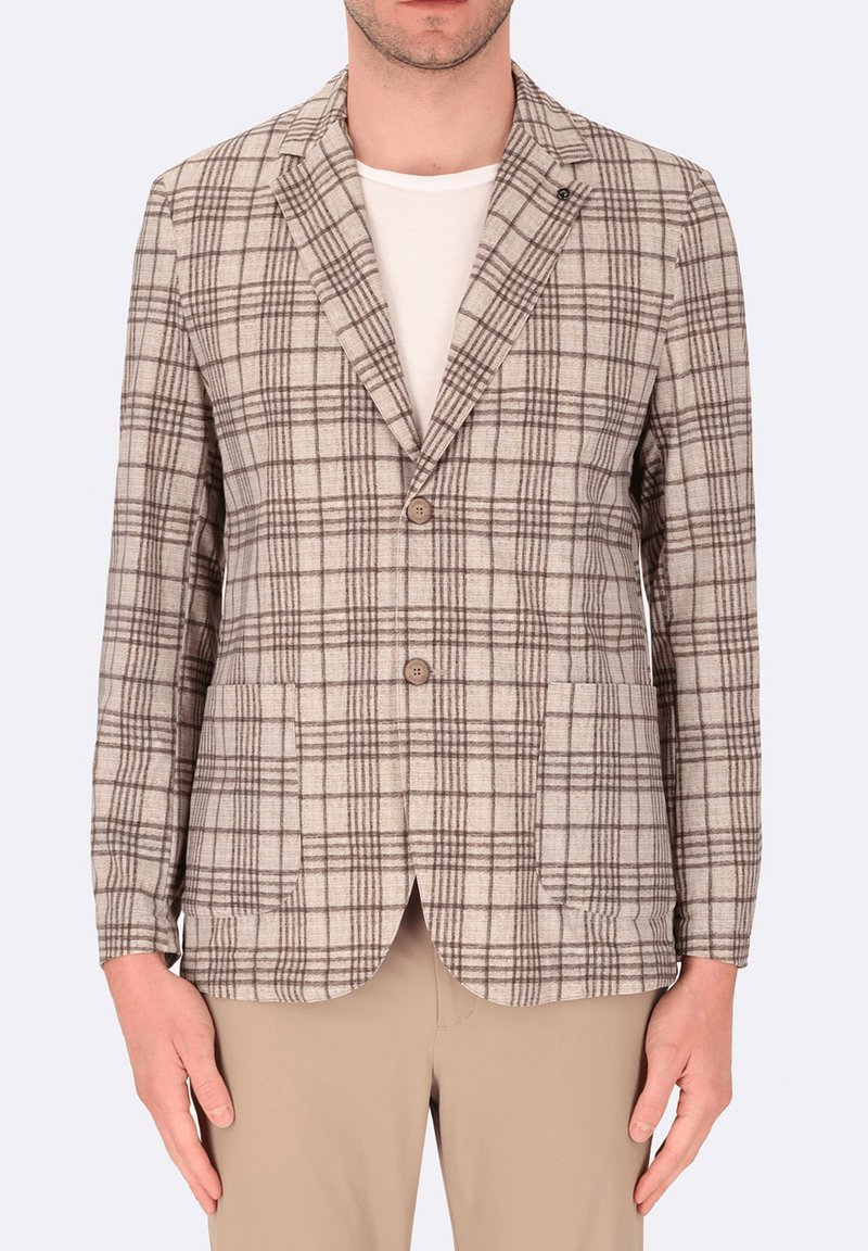 Blazer a quadri marrone e beige con due bottoni, rever a punta e tasche frontali. Realizzato in tessuto testurizzato, vestibilità tailored.