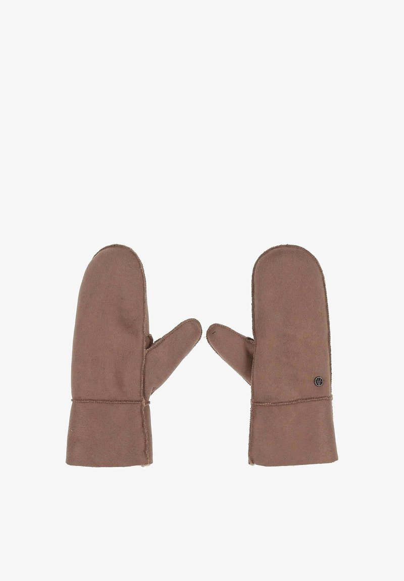 Moufles marron en tissu doux, avec un dessus arrondi, un détail couture le long des bords et un petit logo sur un côté.