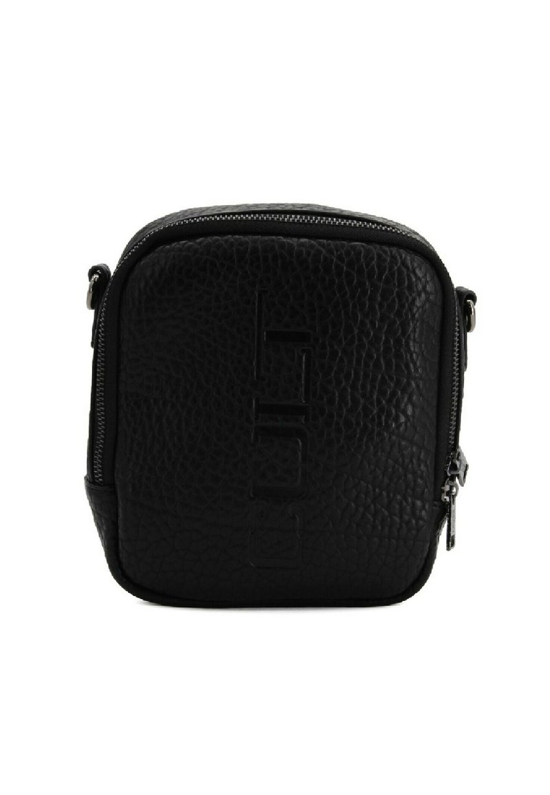 Borsa a tracolla nera in pelle con superficie testurizzata, chiusura a zip e logo impresso sulla parte anteriore; forma quadrata con angoli arrotondati.