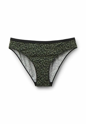 Zelené a černé bikiny s leopardím vzorem, hladkou texturou a černým elastickým pasem, s nízkým střihem.
