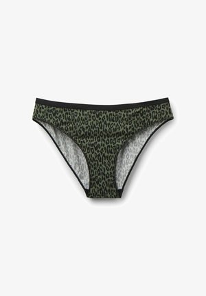 Zelené a černé bikiny s leopardím vzorem, hladkou texturou a černým elastickým pasem, s nízkým střihem.