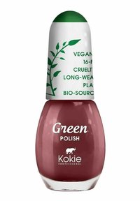 Vegan nagellack i en djup röd nyans med ett runt vitt lock som har gröna botaniska detaljer och text om dess miljövänliga egenskaper.