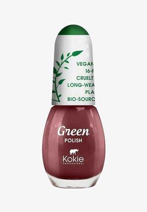 Vegan kynsilakka syvässä punaisessa sävyssä, pyöreällä valkoisella kannella, jossa on vihreitä kasviaksentteja ja tekstiä sen ympäristöystävällisistä ominaisuuksista.