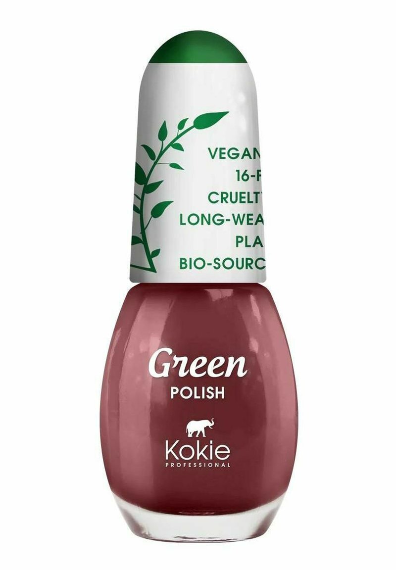 Vegan nagellack i en djup röd nyans med ett runt vitt lock som har gröna botaniska detaljer och text om dess miljövänliga egenskaper.