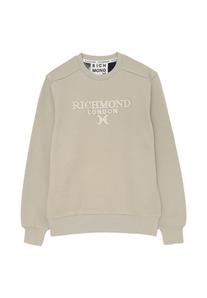 Felpa beige con colletto girocollo, polsini e orlo a coste, con la scritta in rilievo "RICHMOND LONDON X" centrata sul davanti.