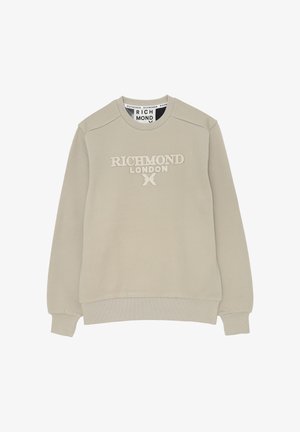 Felpa beige con colletto girocollo, polsini e orlo a coste, con la scritta in rilievo "RICHMOND LONDON X" centrata sul davanti.