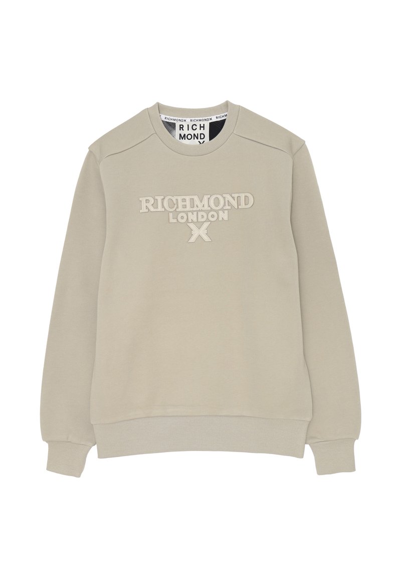 Felpa beige con colletto girocollo, polsini e orlo a coste, con la scritta in rilievo "RICHMOND LONDON X" centrata sul davanti.