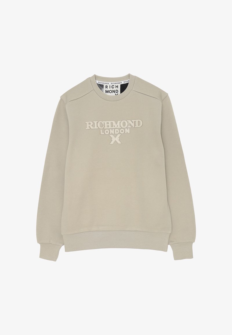 Felpa beige con colletto girocollo, polsini e orlo a coste, con la scritta in rilievo "RICHMOND LONDON X" centrata sul davanti.