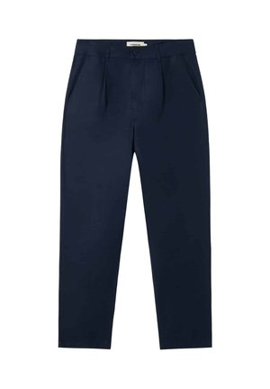 Navy blue straight-leg trousers with front pleats, side pockets, belt loops, and button closure.