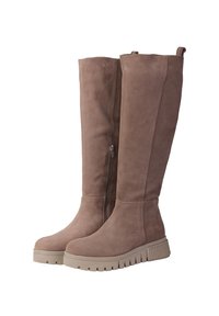 Stivali in suede taupe al ginocchio con cerniera laterale, suola in gomma con motivo testurizzato e una soletta imbottita per il comfort.