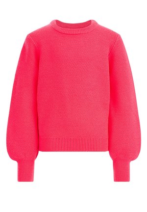 Jasnoróżowy sweter dziany z teksturowanym wzorem ściegu, długie balonowe rękawy, prążkowany okrągły dekolt, mankiety i dół.