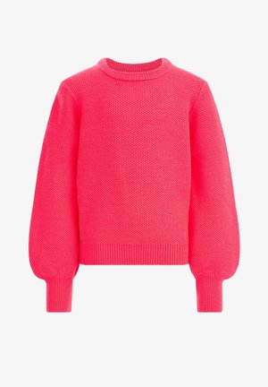 Pull tricoté rose vif avec motif de points texturés, manches longues ballon, col rond côtelé, poignets et ourlet.