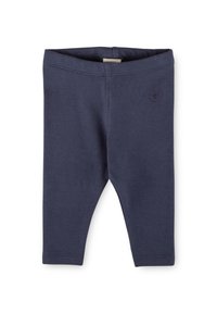Leggings in cotone blu navy con vita elastica, gamba affusolata e un piccolo logo goffrato sul fianco sinistro anteriore.