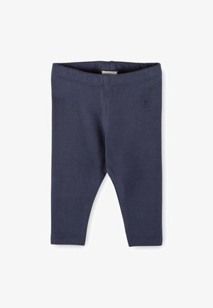 Navy blue cotton leggings with an elastic waistband, tapered legs, and a small, embossed logo on the front left hip.