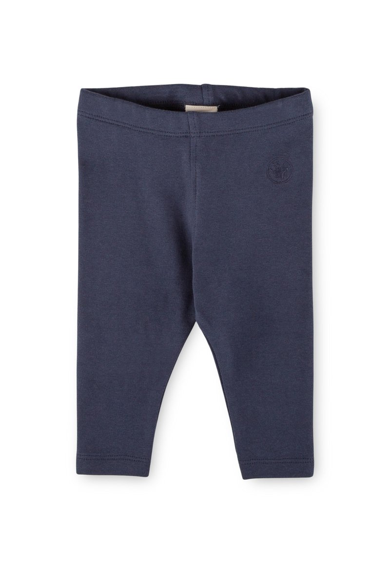 Leggings in cotone blu navy con vita elastica, gamba affusolata e un piccolo logo goffrato sul fianco sinistro anteriore.