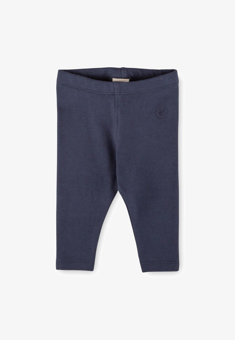 Leggings in cotone blu navy con vita elastica, gamba affusolata e un piccolo logo goffrato sul fianco sinistro anteriore.