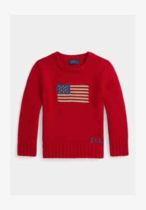 Roter gestrickter Pullover mit einem amerikanischen Flaggen-Design, geripptem Rundhalsausschnitt und "P.L." am unteren linken Rand eingestickt.