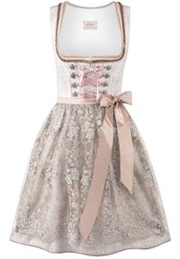 Spitzen-Dirndlkleid mit tailliertem Oberteil, pinker Bandzier und schwingendem Rock. Verziert mit floralem Stickereien und einer Satin-Schleife in der Taille.