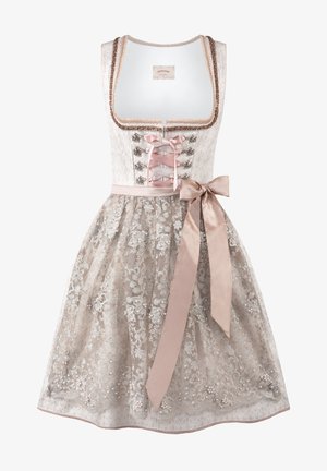 Spitzen-Dirndlkleid mit tailliertem Oberteil, pinker Bandzier und schwingendem Rock. Verziert mit floralem Stickereien und einer Satin-Schleife in der Taille.