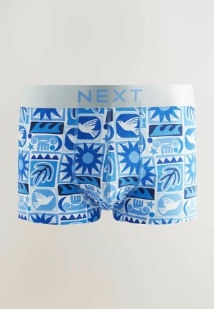 Modré bavlnené boxerky s rôznymi geometrickými a prírodou inšpirovanými potlačami. Majú svetlomodrý elastický pás s brandingom "NEXT".