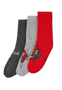 Trzy pary skarpetek: ciemnoszare z wzorem Spider-Mana, jasnoszare z grafiką Spider-Mana oraz jednolite czerwone. Mieszanka bawełny, długość do połowy łydki.