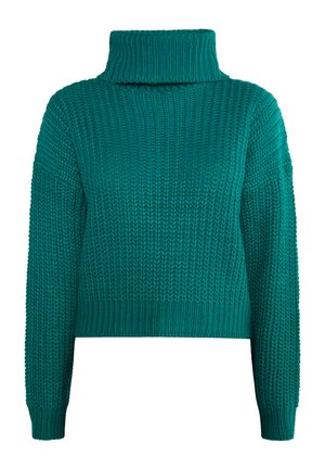 Maglione lavorato a maglia in teal con colletto alto e ripiegato e polsini a coste. Presenta una cucitura testurizzata e un design corto.