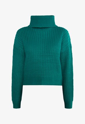 Mėtų spalvos megztinis su aukštu, užlenktu golfo apykakle ir raibais rankogaliais. Pasižymi tekstūruotu siuvinėjimu ir trumpu dizainu.