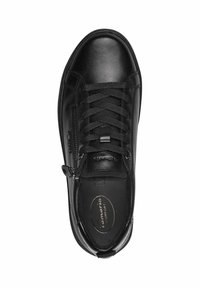 Baskets en cuir noir avec un bout arrondi, des lacets plats et une fermeture éclair sur le côté. Elles disposent d'un intérieur doux et d'une étiquette de marque subtile sur la semelle intérieure.