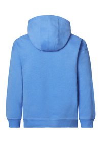 Lichtblauwe hoodie van achteraf weergegeven met lange mouwen en ribgebreide manchetten en zoom.