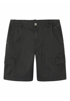 Shorts cargo noirs avec taille élastique, fermeture par bouton, poches latérales et poches à rabat sur les deux jambes.