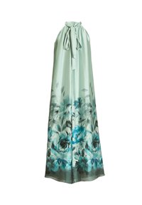Robe verte menthe sans manches avec lien à nouer autour du cou, avec un imprimé floral dans des tons de bleu et de gris autour de l'ourlet.