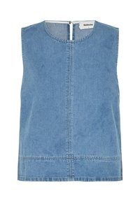 Denim sleeveless top in light blue, featuring a round neckline, a central seam, and a zip closure at the back. Smooth texture throughout.