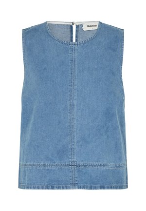 Denim sleeveless top in light blue, featuring a round neckline, a central seam, and a zip closure at the back. Smooth texture throughout.